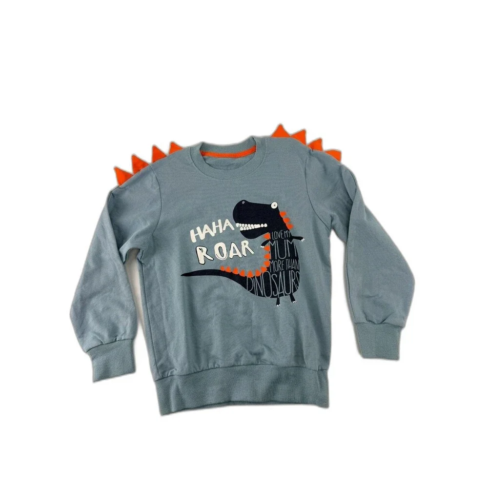 Dinosaur Sweatshirt Size 5 Green Blue T-Rex Shoulder Spine Spikes Accents NWT